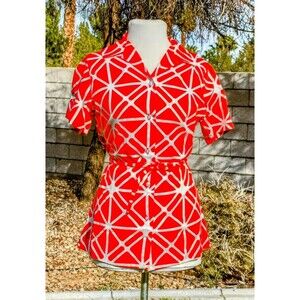 1980's Vintage All-Over Print Graphic Women Med Lady Manhattan Shirt Top EUC